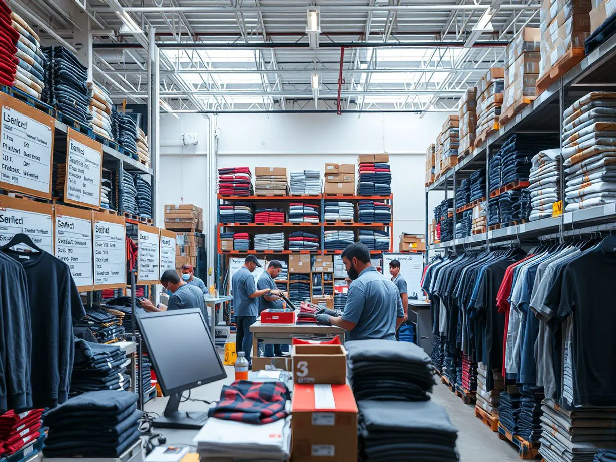 M88团队在仓库中处理服装新品上架任务